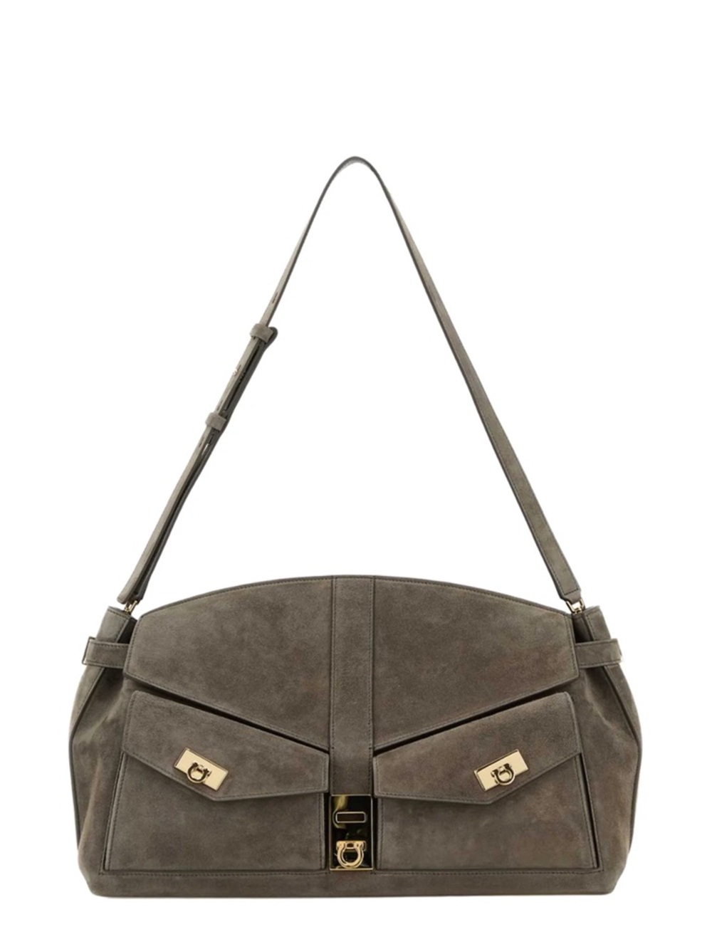 Ferragamo Suede Shoulder Bag Hug in Taupe with Gold Hardware